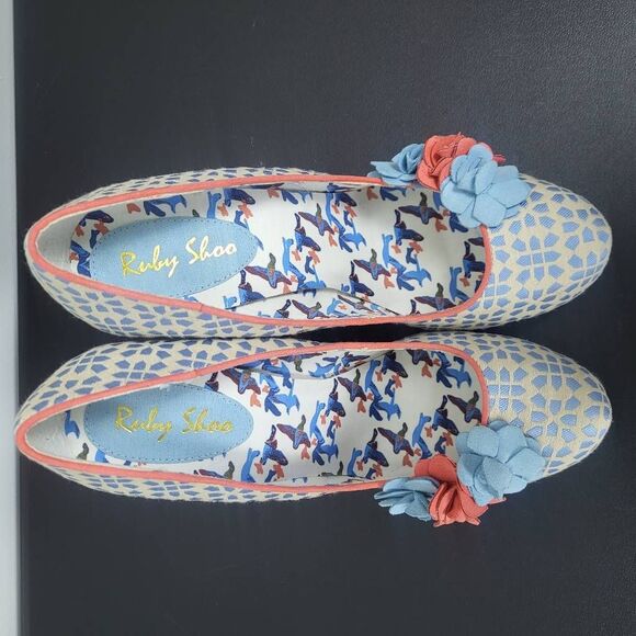 Floral Patterned Blue and Pink Women's Heels - Picture 5 of 9